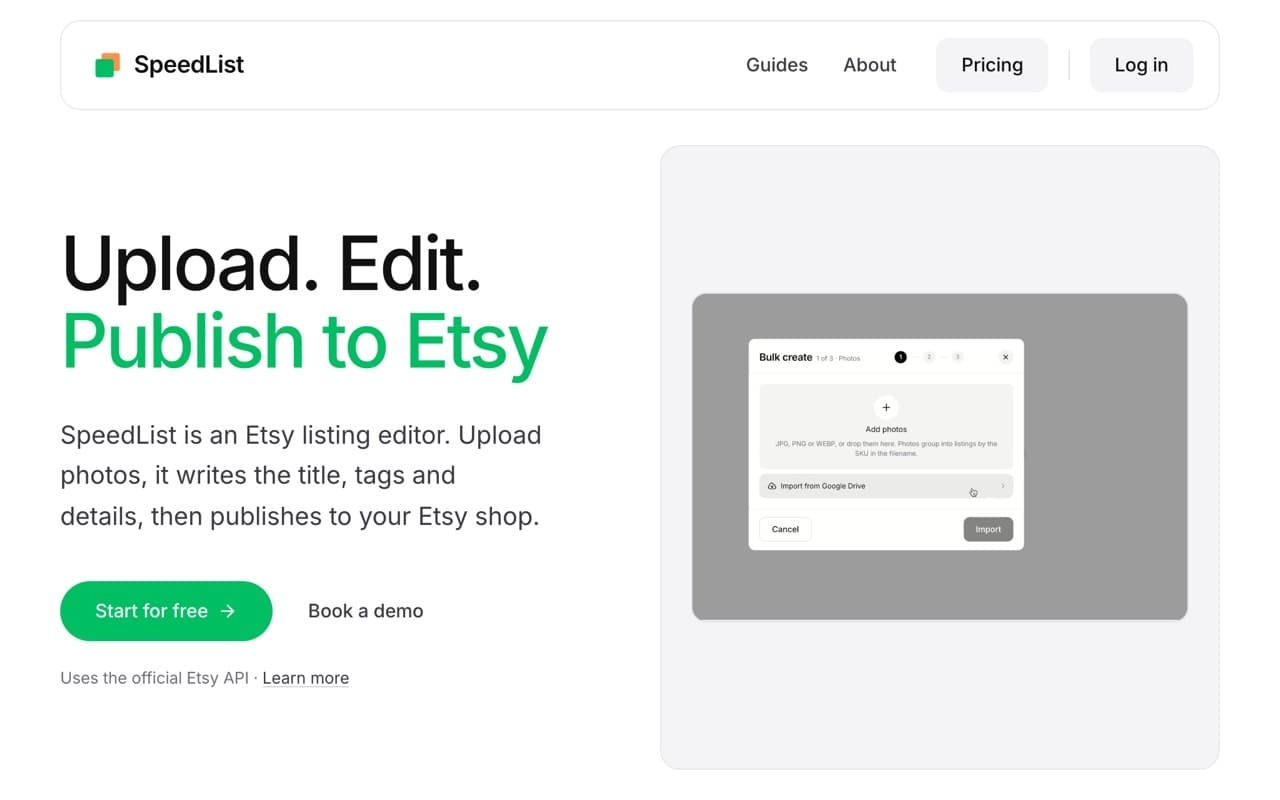 SpeedList homepage: Upload. Edit. Publish to Etsy